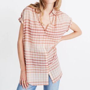 Madewell Pink Coral Central Tunic Shirt in Ombré Gingham Check Button down XS